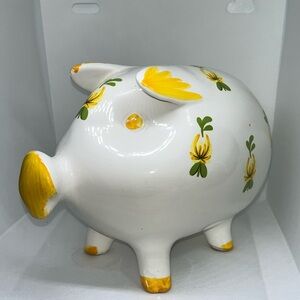 Ceramic piggy bank yellow painted flowers